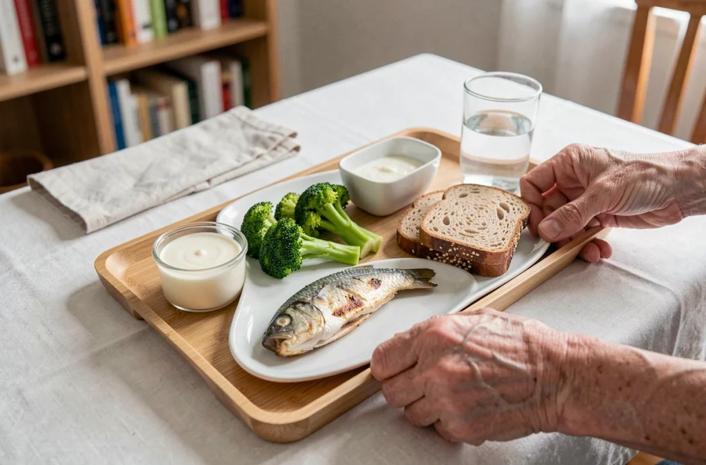 Mains d'une personne âgée disposant un plateau repas équilibré avec poisson, légumes et produits laitiers, symbole de nutrition adaptée aux seniors