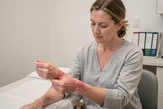 Femme consultant un dermatologue pour une maladie auto-immune de la peau, montrant une plaque cutanée sur l'avant-bras dans un cabinet médical