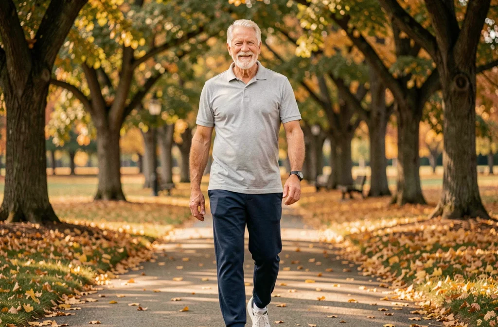 Homme senior marchant sur un chemin de parc en automne pour maintenir la mobilité articulaire et réduire les douleurs