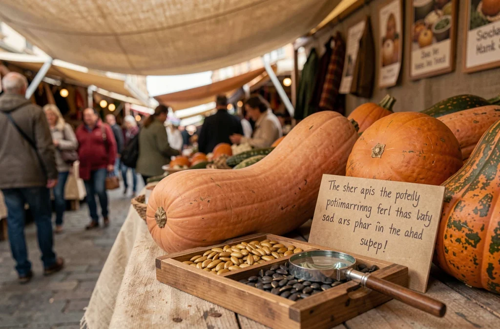 Étal de marché avec potimarrons entiers et graines triées sur un plateau en bois, loupe posée pour illustrer l'identification des graines potentiellement toxiques