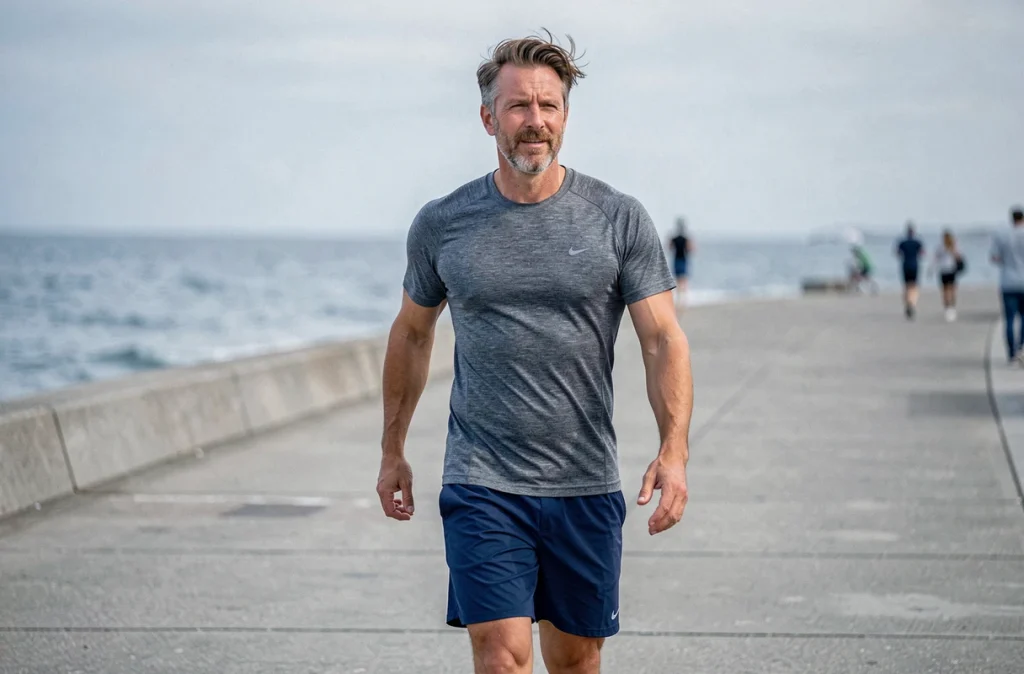 Homme pratiquant la marche rapide en bord de mer pour maigrir au quotidien