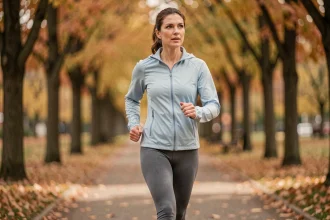 Femme marchant rapidement dans un parc urbain en automne pour favoriser l'amincissement