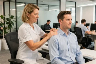 Masseuse professionnelle effectuant un massage des épaules sur un employé de bureau en open space dans une entreprise moderne