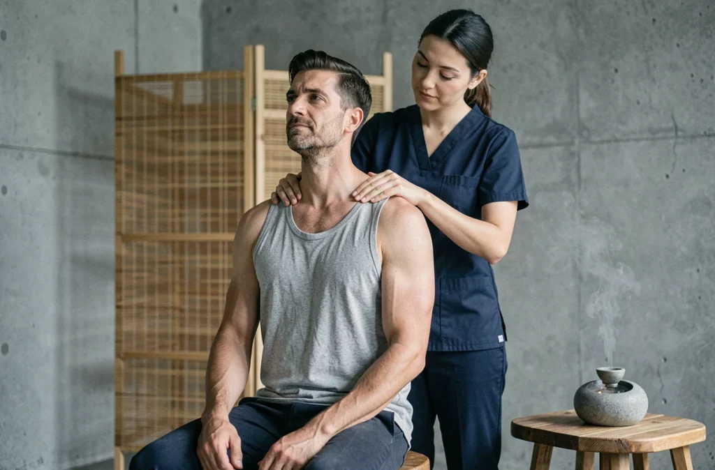 Homme adulte recevant un massage des épaules et du cou dans un studio de bien-être minimaliste, séance thérapeutique pour réduire la tension musculaire et améliorer la qualité du sommeil