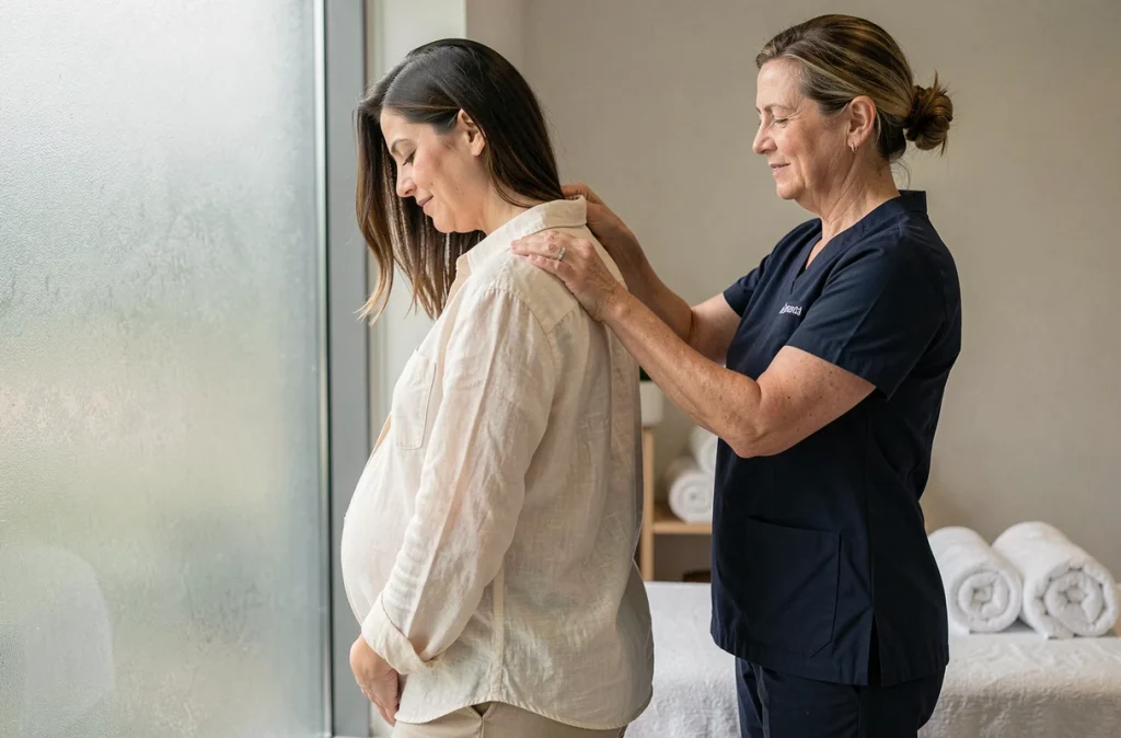 Massothérapeute soulageant les tensions des épaules d'une femme enceinte en fin de grossesse dans un studio de bien-être prénatal