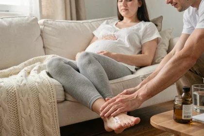 Femme enceinte au troisième trimestre recevant un massage des pieds de son partenaire sur un canapé, pour améliorer la circulation sanguine pendant la grossesse
