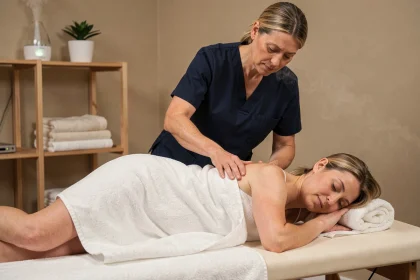 Femme enceinte recevant un massage prénatal du bas du dos sur une table de massage professionnelle