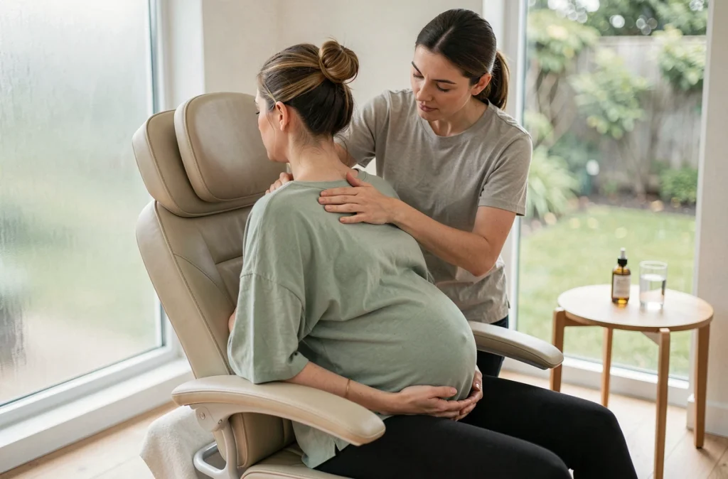 Thérapeute effectuant un massage prénatal sur les épaules d'une femme enceinte assise dans un fauteuil spécialisé
