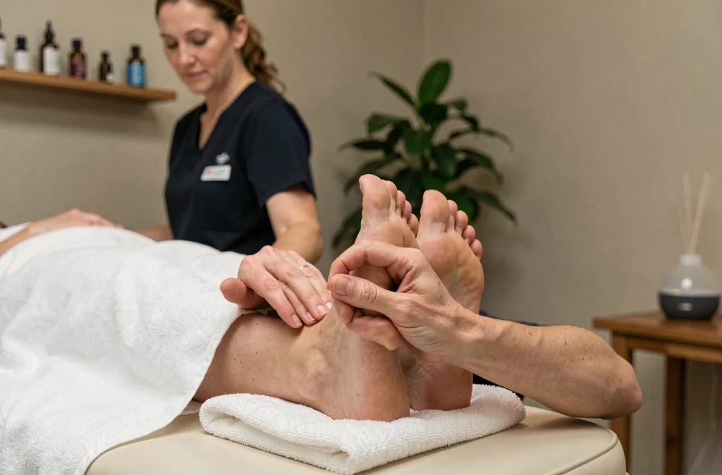 Thérapeute professionnelle réalisant un massage réflexologie des pieds sur une femme enceinte allongée en cabinet de massage prénatal