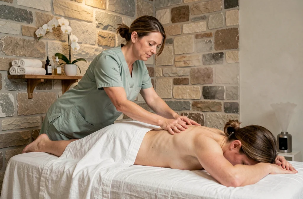 Masseuse professionnelle réalisant un soin du dos dans une salle de traitement d'un spa hôtel du Cher