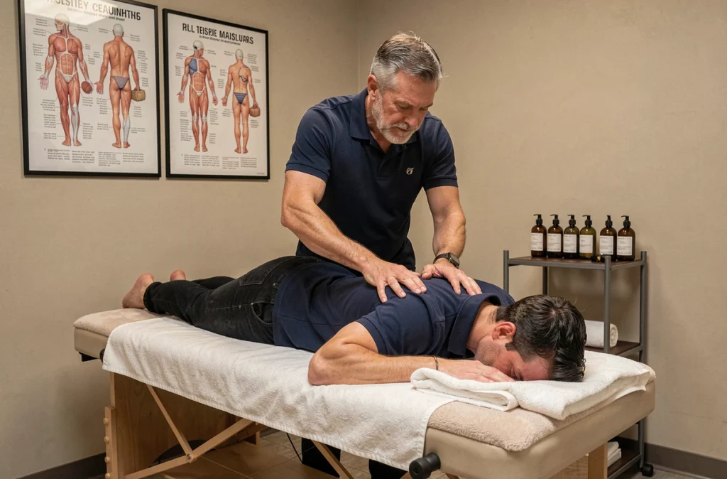 Masseur masculin pratiquant une technique de massage sur table lors d'une session de formation professionnelle