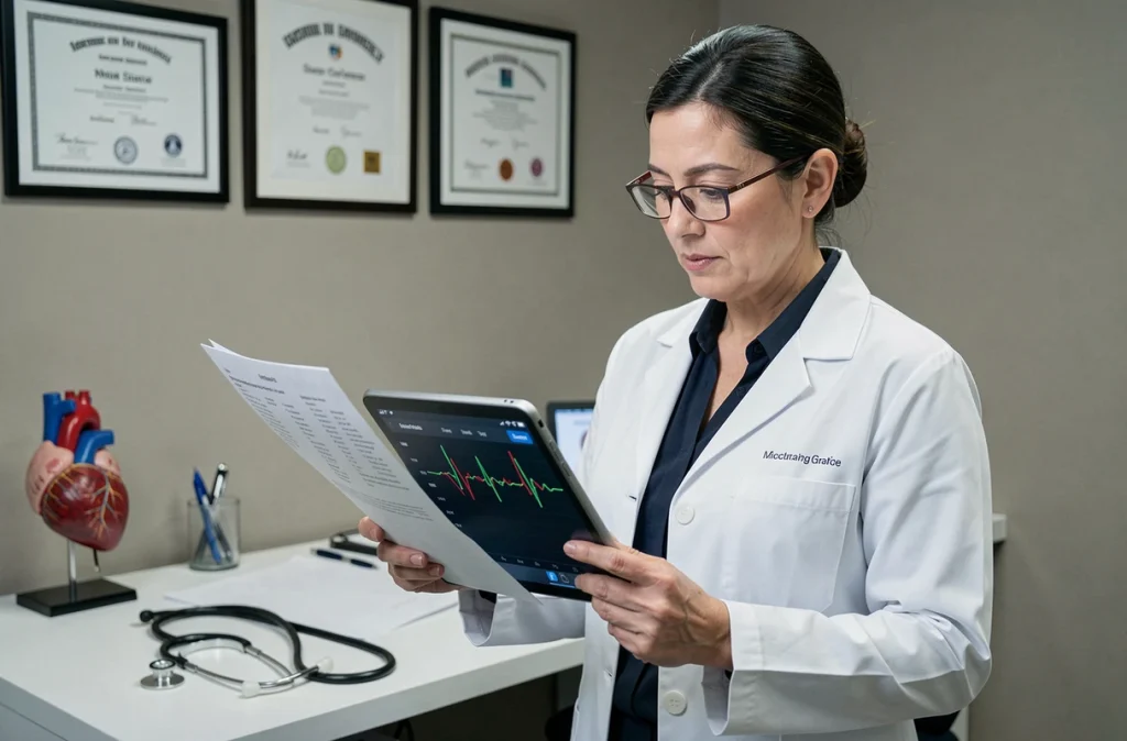Médecin cardiologue examinant des données de sommeil et de fréquence cardiaque dans un cabinet médical moderne, illustrant le lien entre troubles du sommeil et santé cardiovasculaire