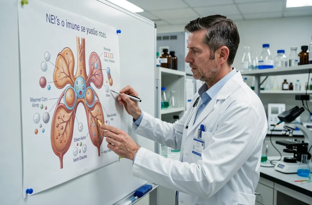 Médecin en laboratoire étudiant le système immunitaire humain en lien avec les effets du stress chronique