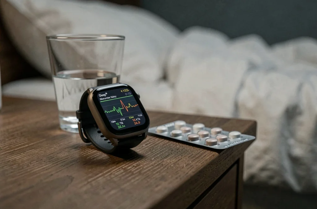 Montre connectée affichant des données de suivi du sommeil et de variabilité cardiaque sur une table de nuit, symbolisant la surveillance des troubles du sommeil liés aux maladies cardiovasculaires