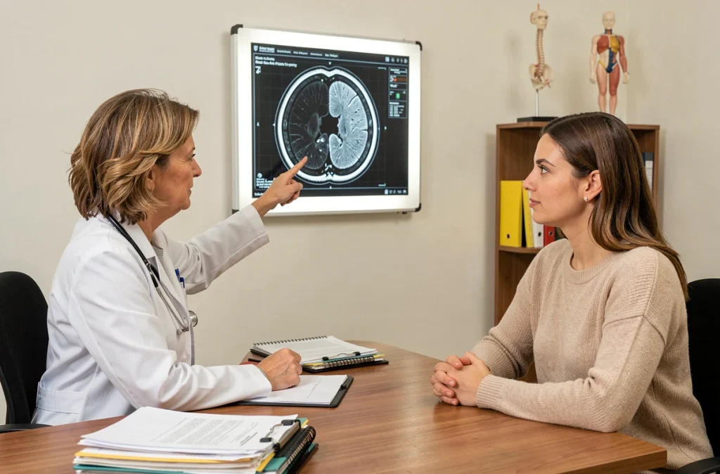 Neurologue montrant une IRM cérébrale à une patiente lors d'une consultation médicale pour le diagnostic de la sclérose en plaques