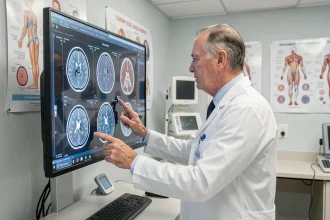 Neurologue examinant des IRM cérébrales sur un écran médical pour diagnostiquer une leucopathie vasculaire de grade 2
