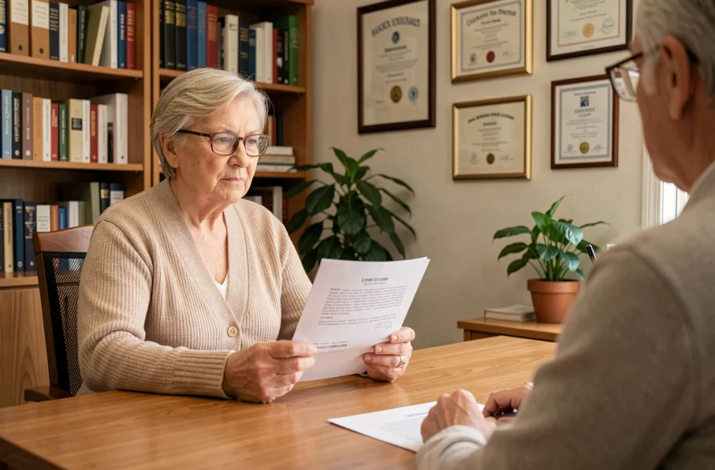 Patiente âgée en consultation médicale discutant des résultats de leucopathie vasculaire avec son médecin généraliste