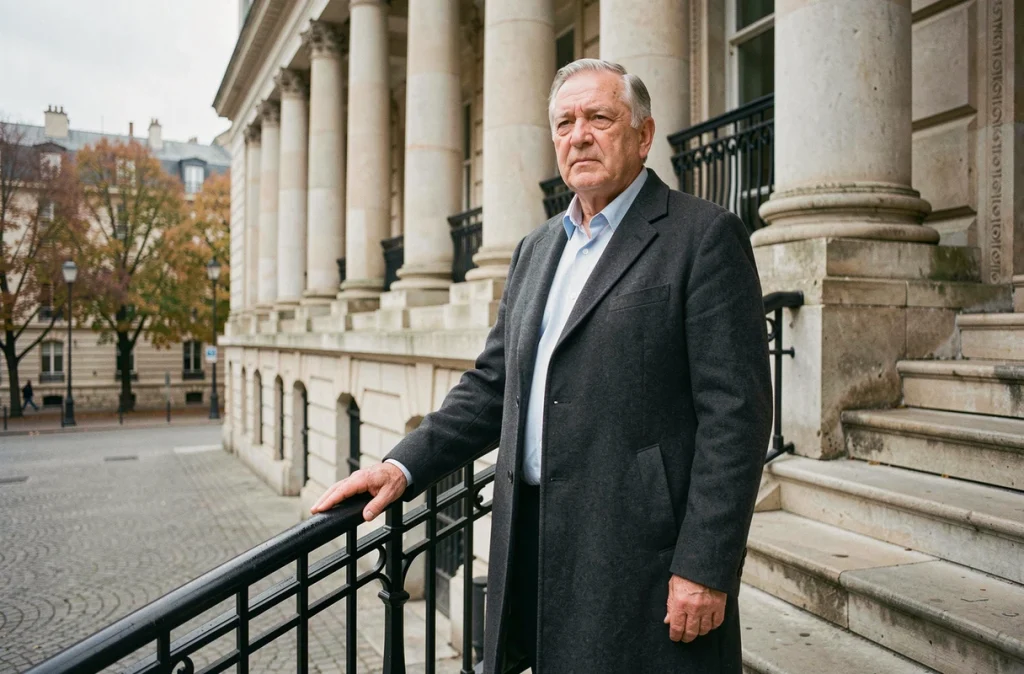 Personnalité politique française mature debout sur les marches d'un bâtiment néoclassique parisien en automne