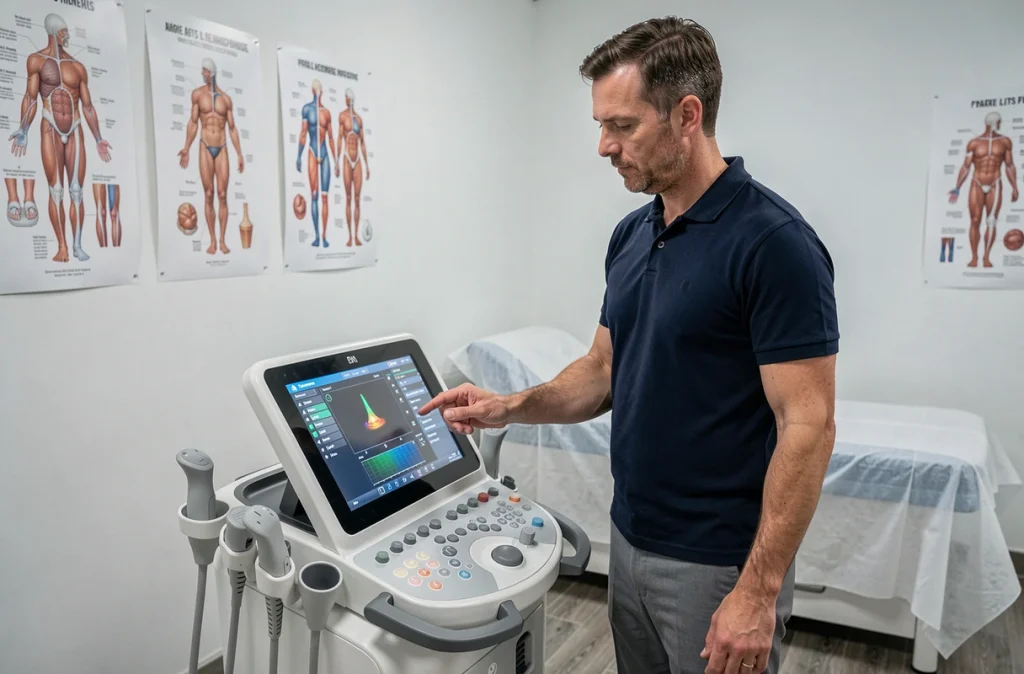 Physiothérapeute masculin configurant un appareil de massage professionnel à ultrasons et thermothérapie dans un centre de rééducation