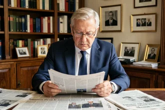 Homme politique senior étudiant des documents imprimés dans un bureau parisien, illustrant la vérification d'informations sur la santé d'Alain Madelin
