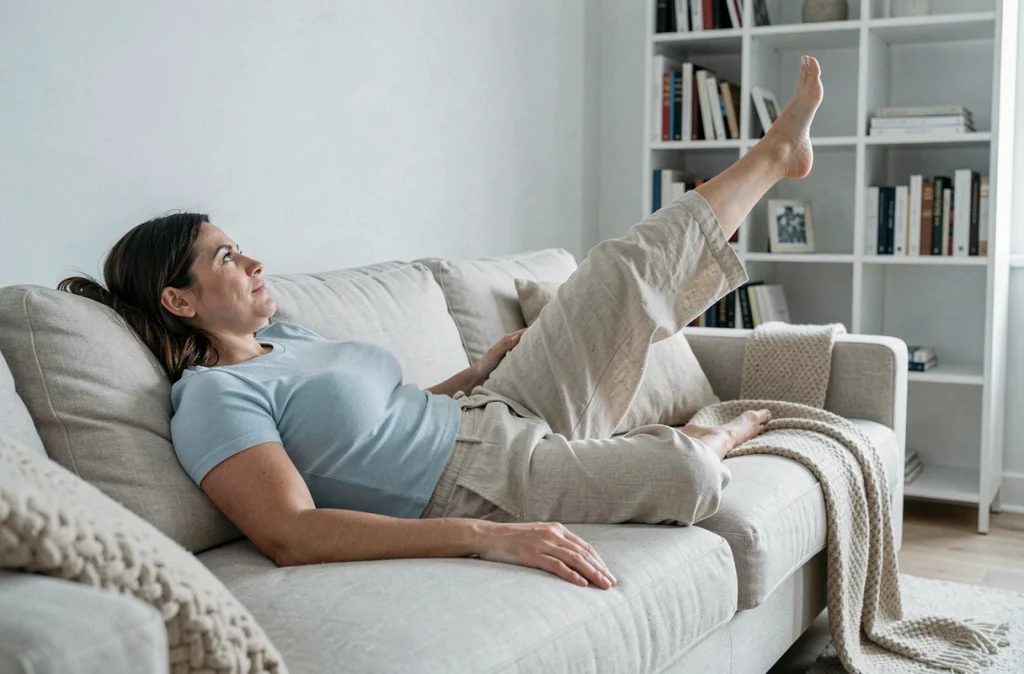 Femme allongée jambes levées contre le mur en posture de drainage veineux pour atténuer la sensation de jambes lourdes