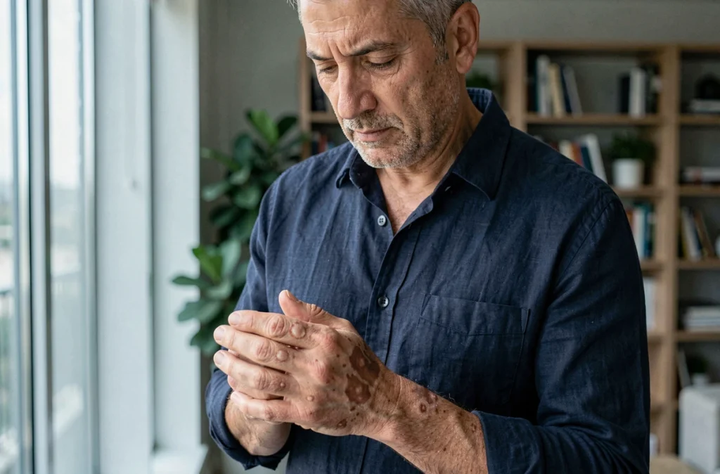 Homme atteint de psoriasis examinant ses mains avec des plaques cutanées visibles, illustration d'une maladie auto-immune de la peau