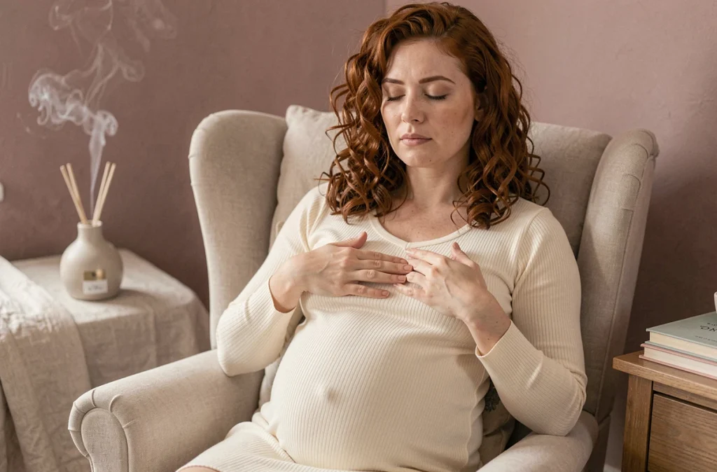 Femme enceinte en robe maternité crème pratiquant des exercices de respiration dans une chambre apaisante
