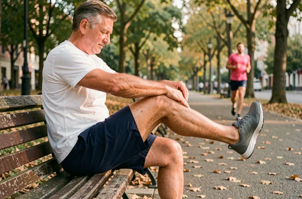 Homme d'âge mûr effectuant des rotations de chevilles sur un banc de parc pour prévenir les jambes lourdes en extérieur