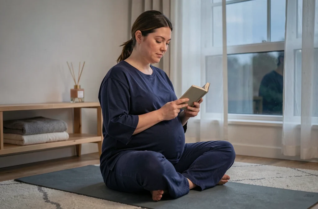 Femme enceinte lisant un livre sur un tapis de yoga dans un coin salon apaisant lors d'une routine de relaxation avant le sommeil