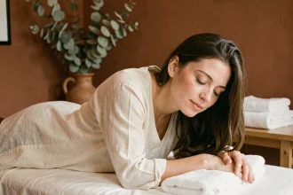 Femme se faisant masser dans un salon de bien-être chaleureux aux murs en terre cuite dans une ville moyenne