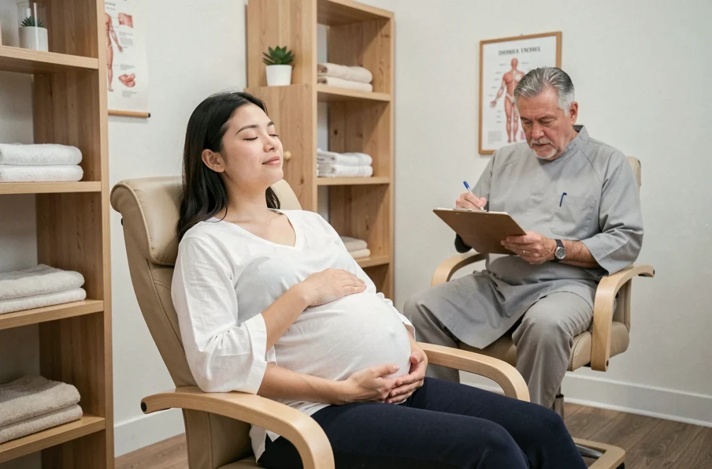 Femme enceinte assise dans un fauteuil de relaxation lors d'une séance d'acupuncture pour soulager les nausées et vomissements de grossesse