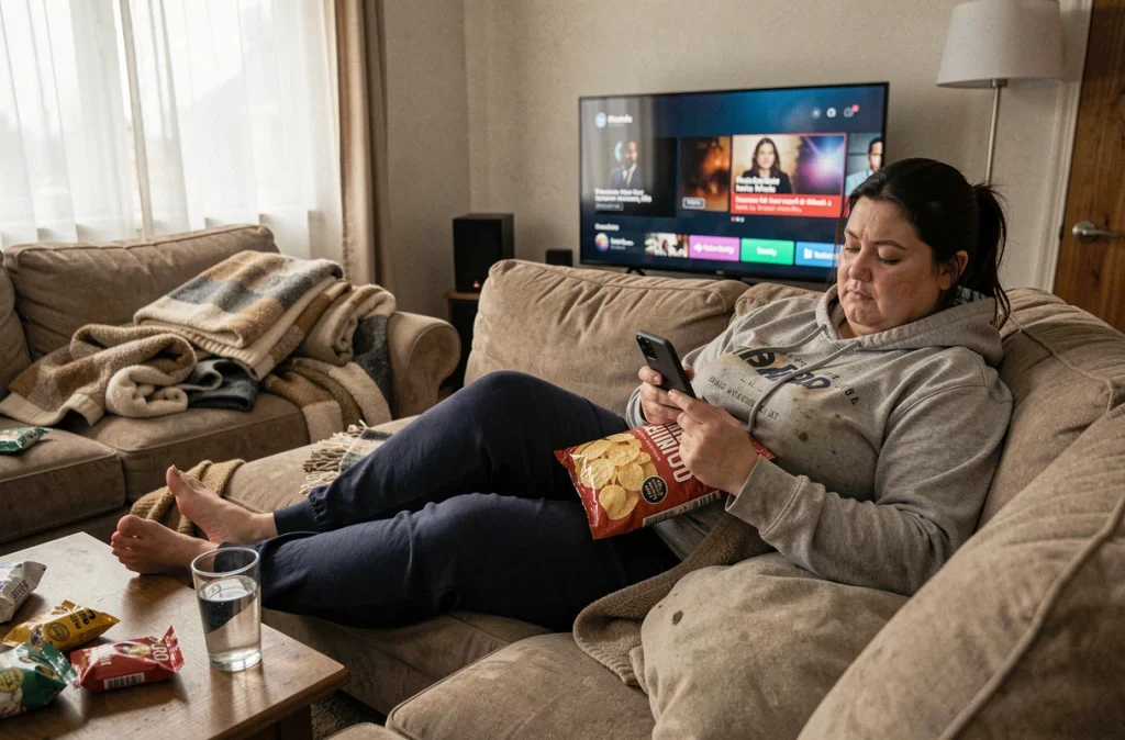 Femme sédentaire allongée sur son canapé avec son téléphone et des snacks, illustrant les habitudes de vie favorisant le diabète de type 2