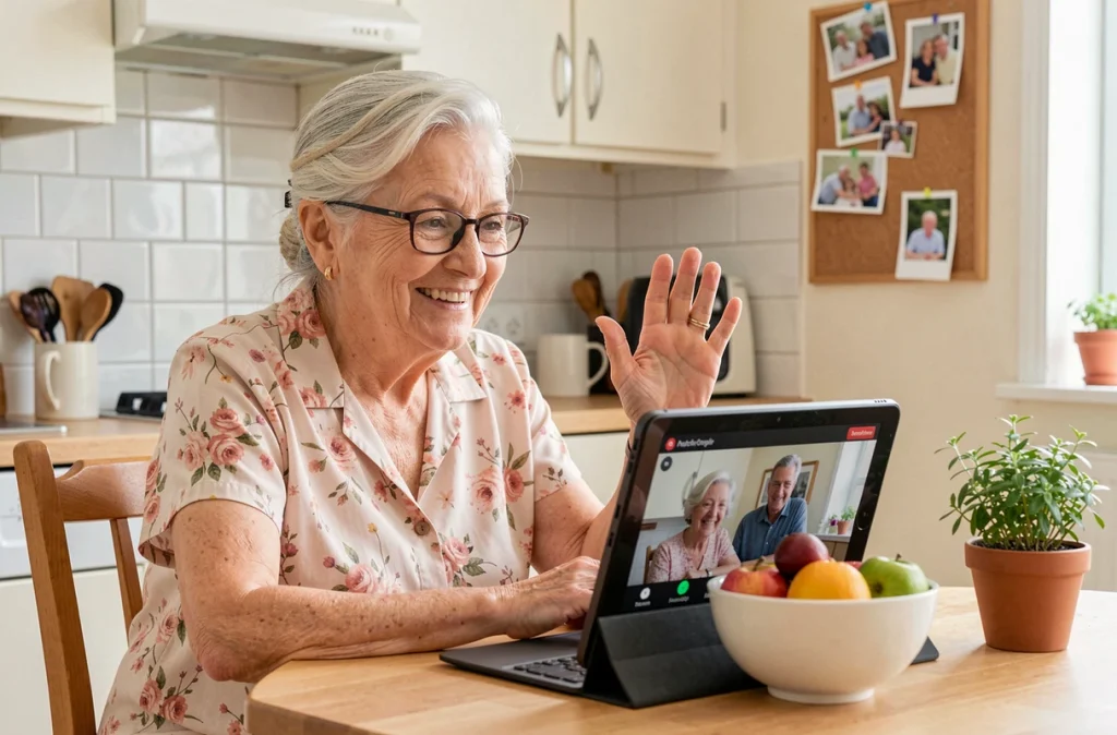 Une femme âgée sourit en faisant un appel vidéo depuis sa cuisine, illustrant comment les technologies numériques aident les seniors à maintenir des liens sociaux pour préserver leur santé mentale
