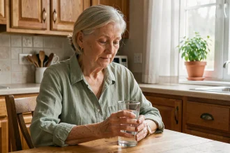 Une femme âgée assise à une table en bois tient un verre d'eau dans ses mains dans une cuisine chaleureuse