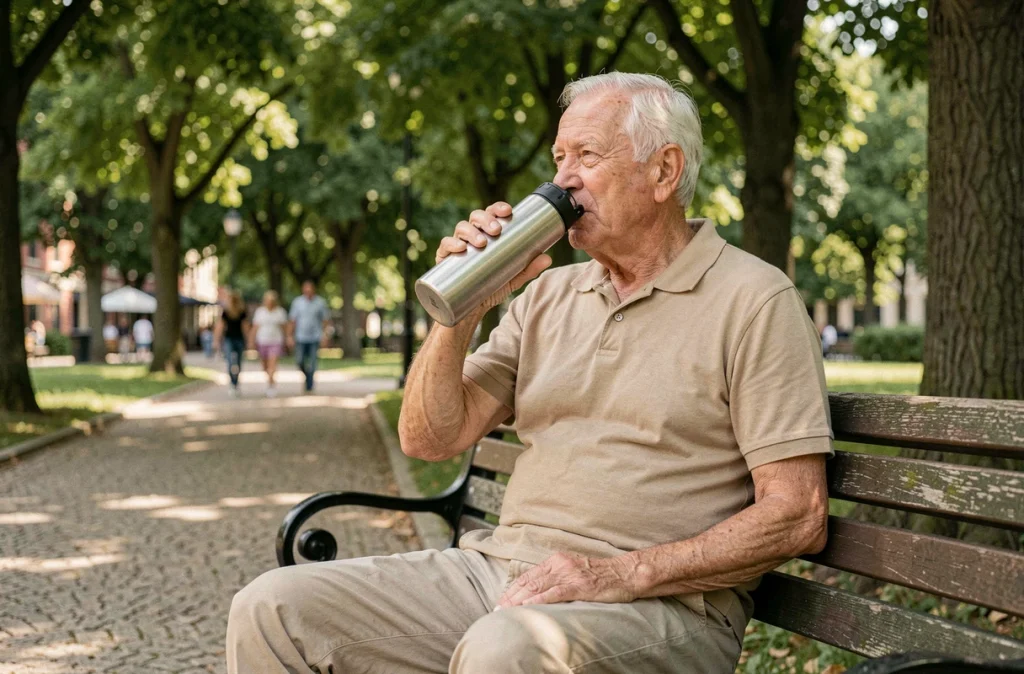 Un homme âgé assis sur un banc de parc boit dans une bouteille d'eau réutilisable lors d'une promenade