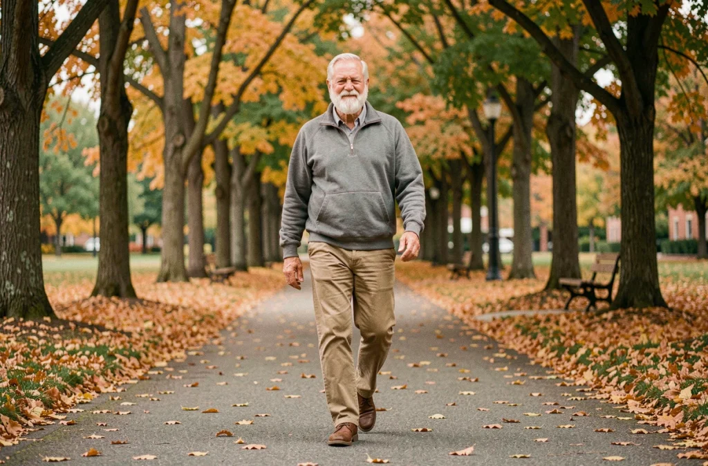 Senior homme marchant seul dans un parc en automne pour maintenir sa mobilité et son autonomie physique