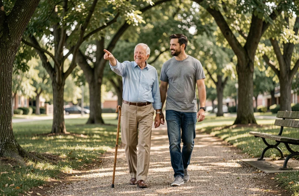 Un homme âgé marche en autonomie dans un parc accompagné de son fils adulte, symbolisant le soutien familial pour les personnes âgées