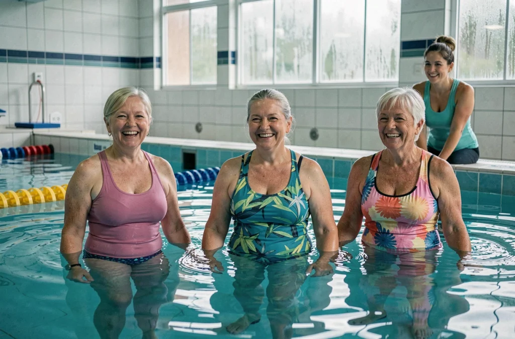 Groupe de seniors pratiquant l'aquagym en piscine couverte sous la supervision d'un instructeur spécialisé