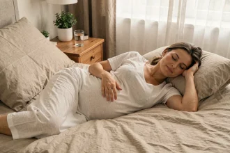 Femme enceinte dormant paisiblement sur le côté avec un oreiller de maternité dans une chambre cosy aux tons neutres