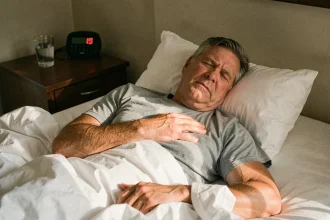 Homme d'âge mûr allongé dans son lit avec une expression d'inconfort, main sur la poitrine, illustrant les liens entre sommeil perturbé et troubles cardiovasculaires
