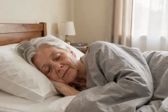 Une femme âgée dormant paisiblement dans un lit blanc et confortable, illustrant l'importance du sommeil réparateur chez les seniors