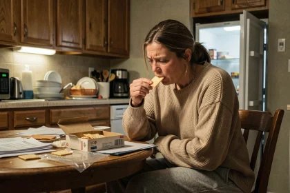 Femme stressée qui mange de façon compulsive la nuit dans une cuisine en désordre, illustrant le lien entre stress chronique et prise de poids