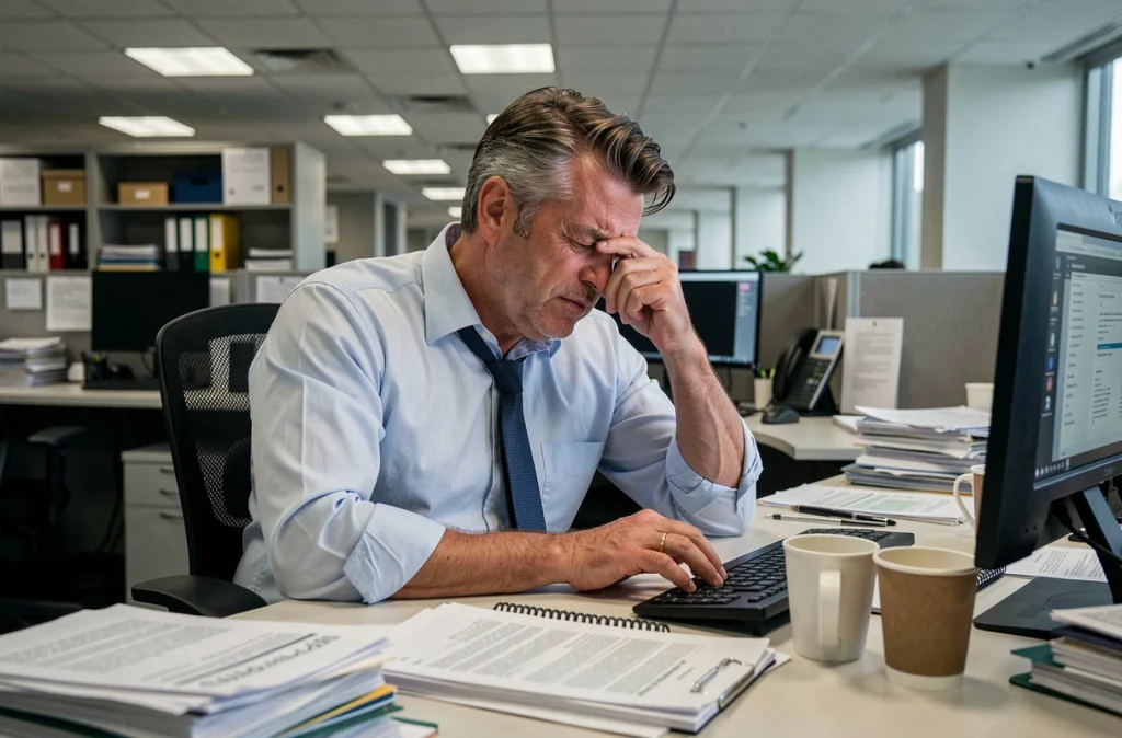 Homme épuisé par le stress au travail affalé à son bureau encombré, symbolisant les effets du stress chronique sur la santé et le métabolisme