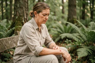 Femme examinant une éruption cutanée circulaire sur son avant-bras en forêt, symptôme précoce de la maladie de Lyme