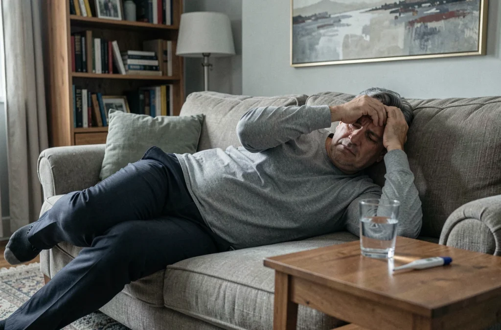 Homme fatigué allongé sur un canapé tenant sa tête, évoquant les symptômes de fatigue et de fièvre liés à la maladie de Lyme