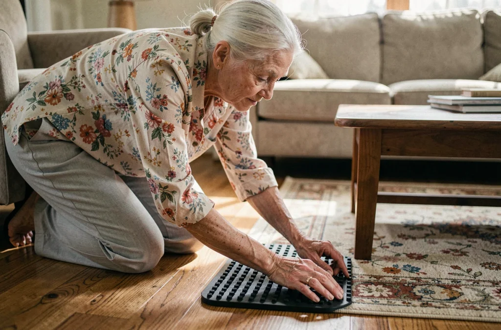 Femme âgée fixant un tapis antidérapant dans le salon pour prévenir les risques de chute à domicile