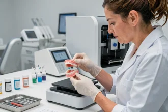 Technicienne dentaire retirant une prothèse imprimée en 3D d'une imprimante dentaire CapDentaire dans un laboratoire moderne