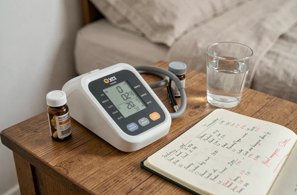 Tensiomètre, carnet de suivi et médicaments posés sur une table de chevet, symbolisant la surveillance quotidienne de l'hypertension artérielle