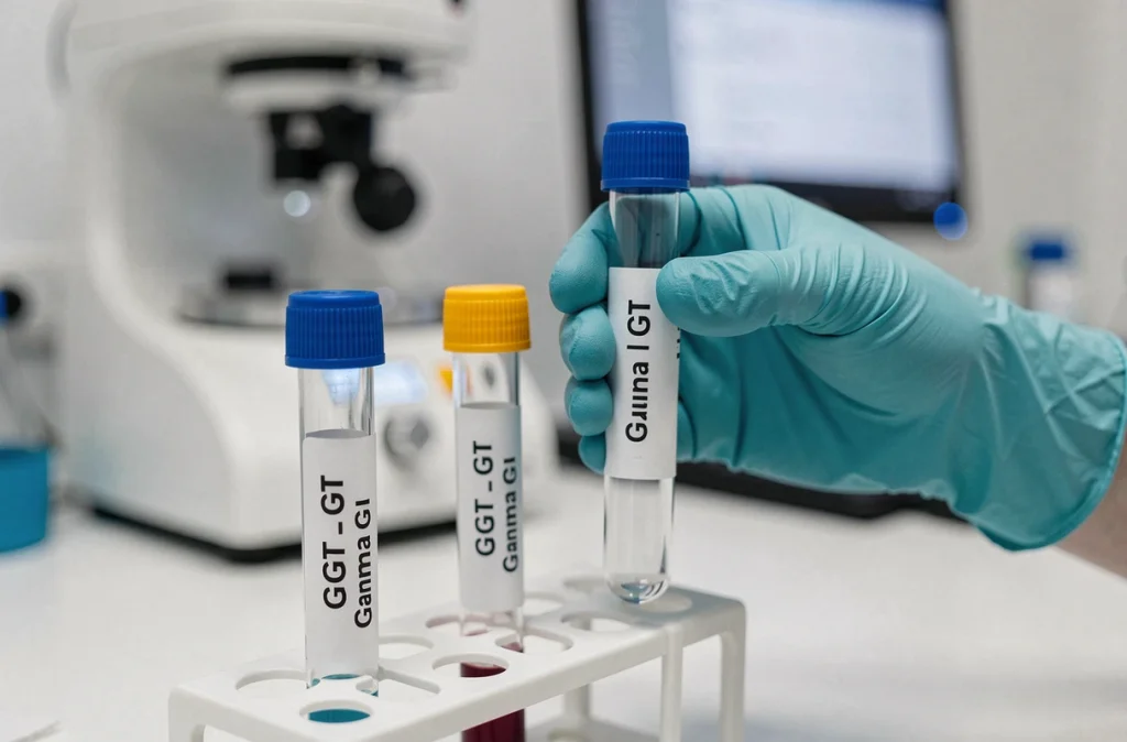 Tube d'analyse Gamma GT dans un laboratoire médical tenu par un technicien en gants nitrile bleu