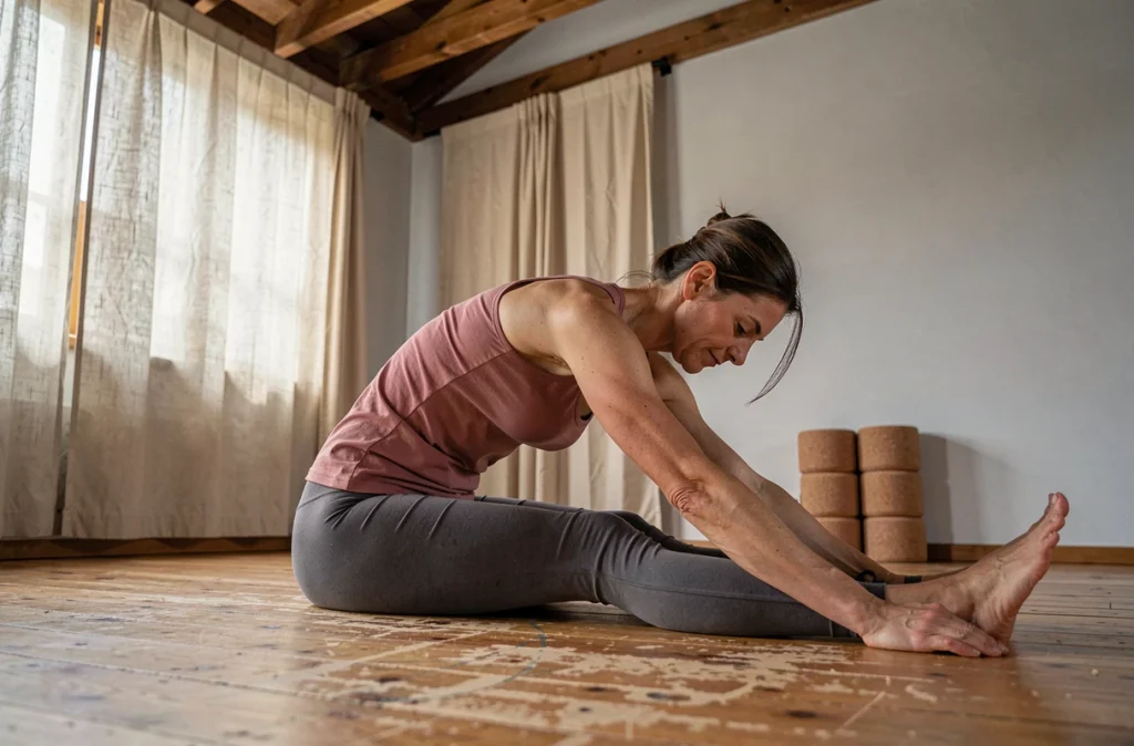 Femme réalisant une posture d'étirement avant en yoga doux dans un studio de yoga en bois aux tons naturels